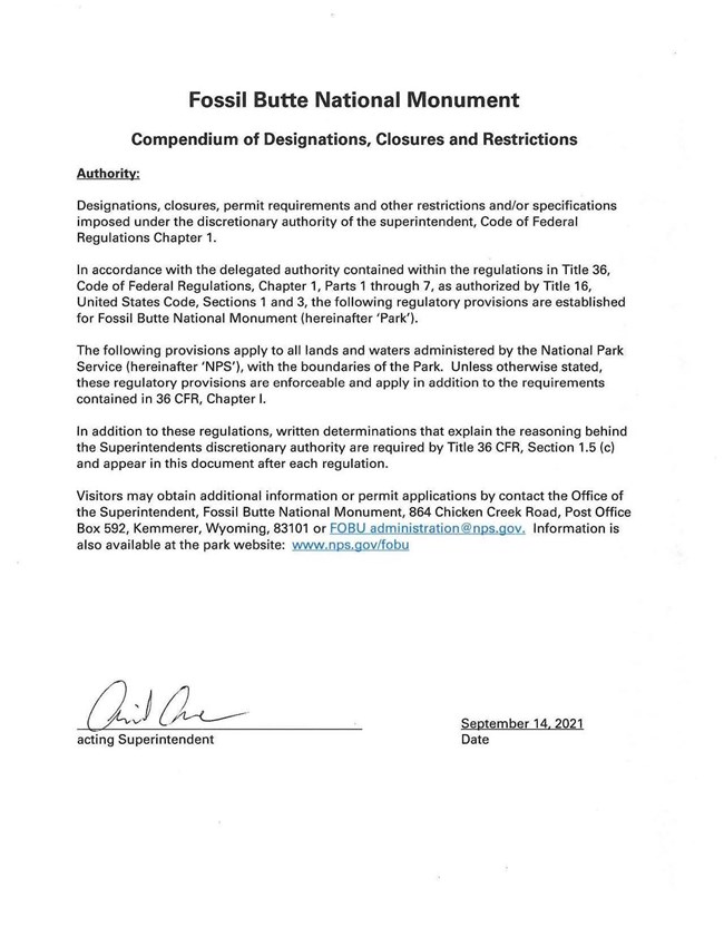 Compendium authority page signed by acting superintendent Arvid Aase on September 14, 2021