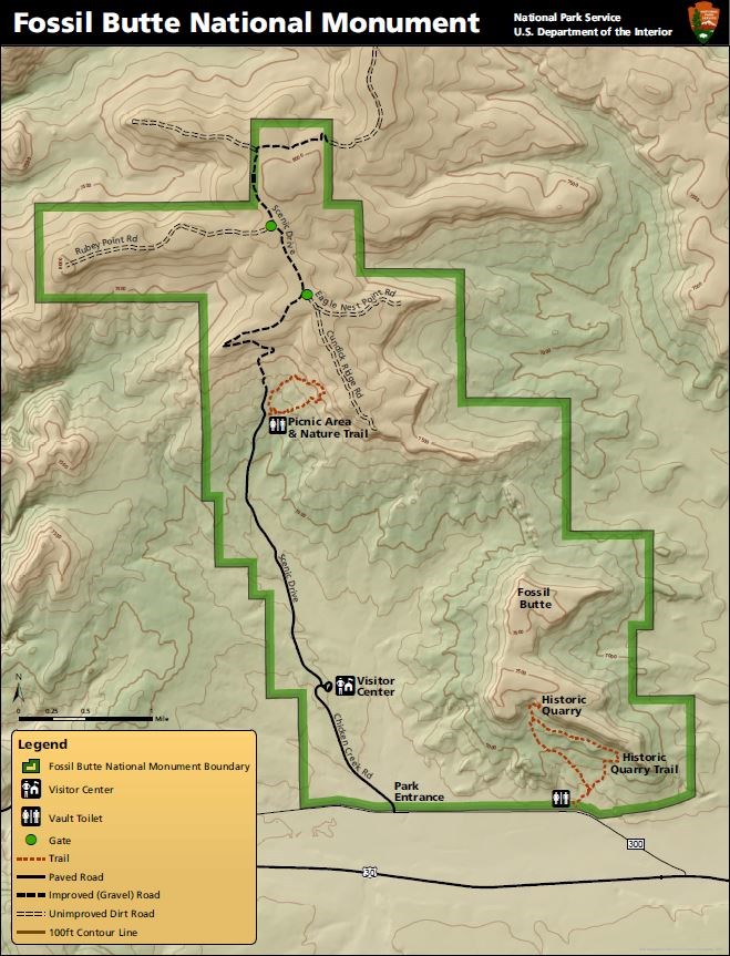 Map of the park showing topography, location of important features, roads, and trails