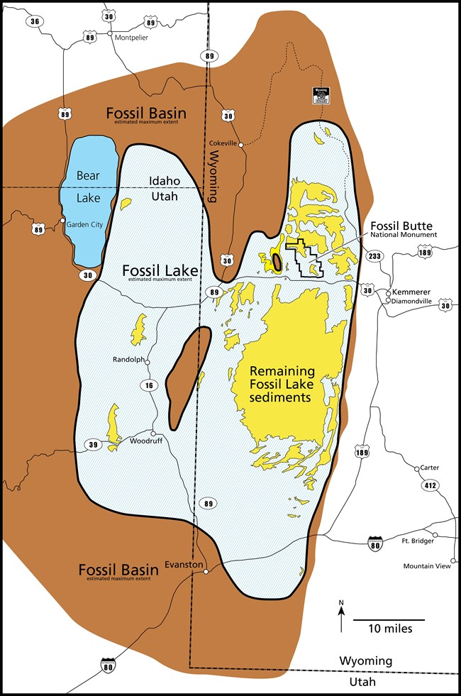 Outline of Fossil Lake laid over map of today overlapping borders of Idaho, Utah, and Wyoming. Fossil Butte National Monument is outlined and the remaining sediments of the lake are labeled.