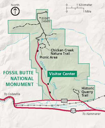 Map of Fossil Butte National Monument including road, trail, picnic area and visitor center locations.