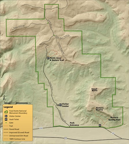 Map of Fossil Butte National Monument including road, trail, picnic area and visitor center locations.