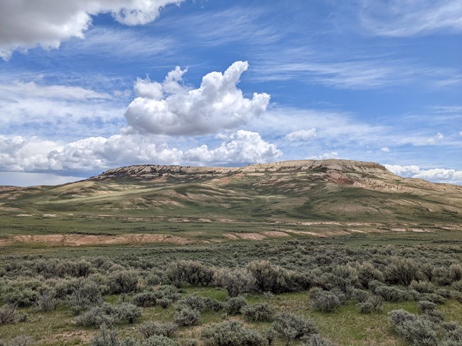 Blue sky and fluffy white clouds over Fossil Butte.