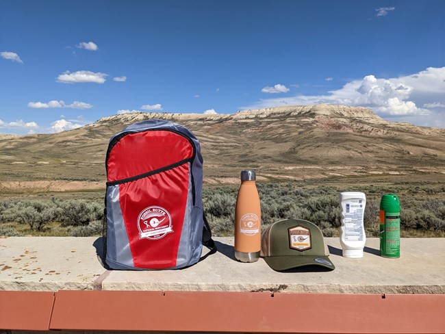 A backpack, water bottle, hat, sunscreen and bug spray on a wall with Fossil Butte behind.