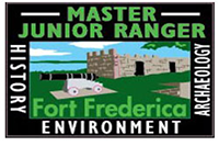 rectangular master junior patch with blue sky, black cannon and grey stone fort in background