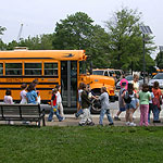 School groups arriving by bus.