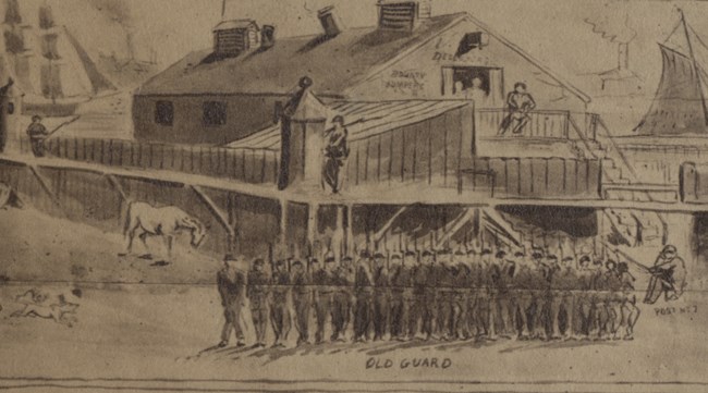 A sketch showing multiple Civil War soldiers standing in front of a building that is labeled "Deserters"