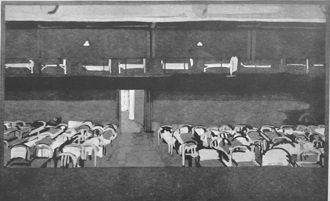 A black and white painting showing several hospital beds.