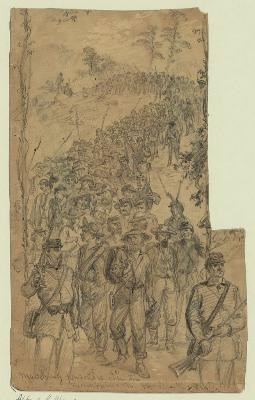 A sketch showing a line of Confederate POWs being marched under guard over a mountain.