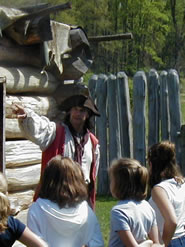 Student listen as a member of the Virginia Militia tell what happened at Fort Necessity.