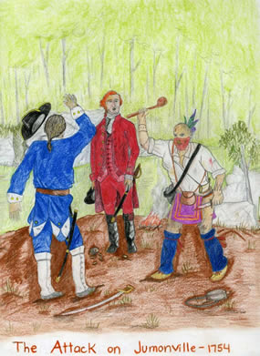 Artwork:  The Half-King attacks Jumonville while Washington looks on.