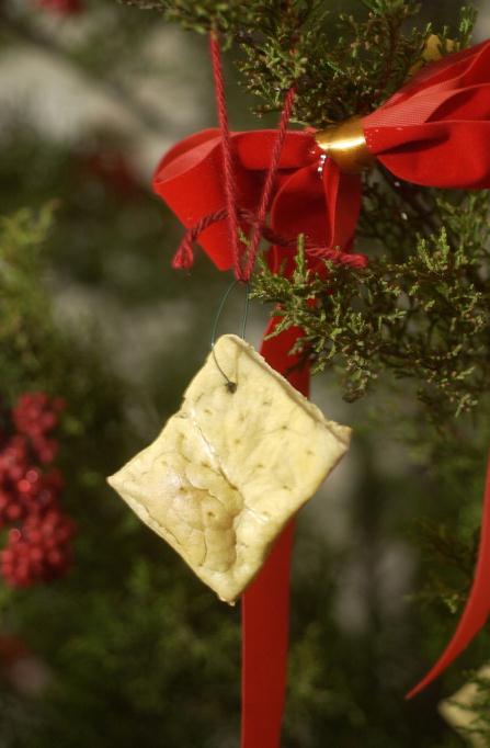 A holiday ornament made of “hard tack”, a cracker made from flour, water, and salt.