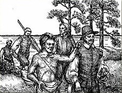 A line drawing showing Manteo, the Algonquian, guiding Englishman Sir Richard Grenville.