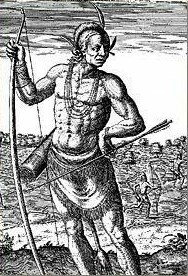 A Theodor De Bry engraving after a John White painting shows a "great Lorde of Virginia" with bow and arrow.