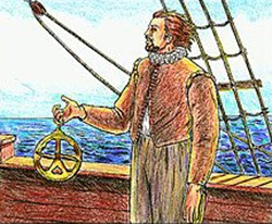 A man carries an astrolabe on the deck of a ship.