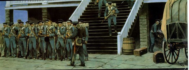Infantry form up in front of the infantry barracks to leave for Mexican War