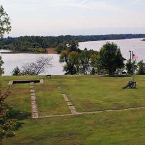 foundation remains of first fort, looking out across Arkansas River