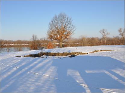 The foundation of the First Fort Smith visible in a fresh layer of rare snow.
