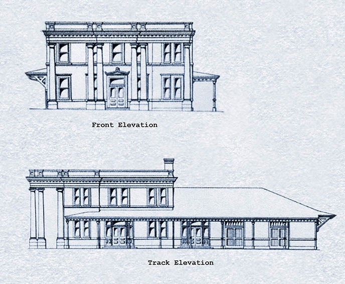 Blue and white drawings of the front and side of the Frisco Train Station