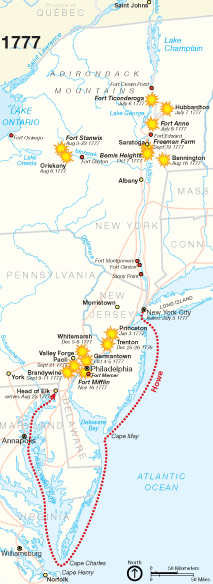 a lightly shaded map, red and blue lines denote where British and American troops marched along North America's eastern seaboard.