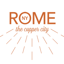 On a banner, in simple writing: Rome NY. The Copper City