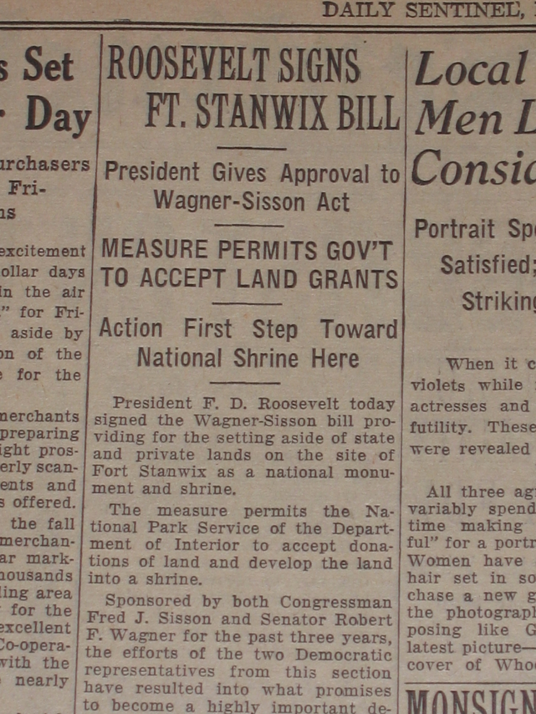 a faded new paper announces the creation of a new national park via a congressional bill