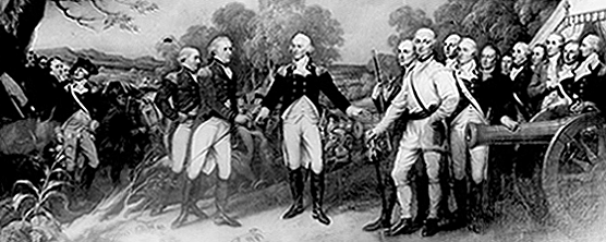 several men line up face to face. one smiles at the other line smugly and accepts a sword.