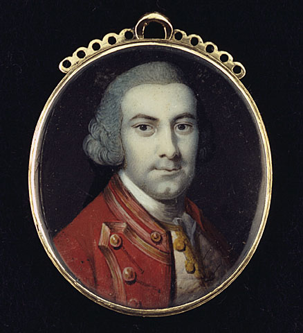 painting with heavy brushstrokes shows a man in a bright red jacket embroidered in gold. he wears a wig.