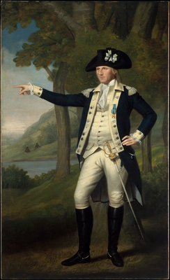 A man in a fine thick wool blue and light yellow jacket points off into the distance, his other arm on the hilt of his sword