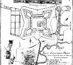 A black line drawing of an elaborate angled fort near a river
