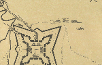 a sleek black line map of an angled fort with support structures and a garden