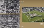 3 views of the same location from above, it appears to have aged backwards in time with old buildings and forts appearing over brick and mortar