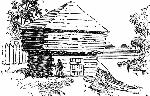 a structure that looks like one log cabin perched on top of another with a soldier waking past it