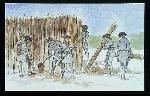 soldiers repair the walls and fence of a fort. they work in a line.