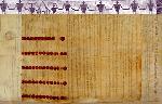 purple and beads overlap a parched paper with many signatures a red wax stamps