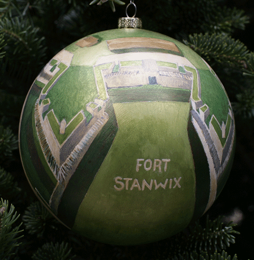 a green sphereparapets and berms, painted in two point perspective, encircle the middle of the sphere.  The bottom of the ornament shows the star shape created by the fort’s perimeter fence