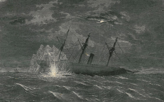 A drawing of an explosion at the Housatonic's waterline on a moonlit night.