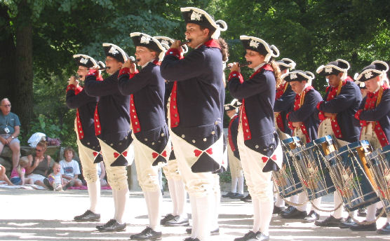 Members of the Plymouth Fife & Drum Corps in formation.