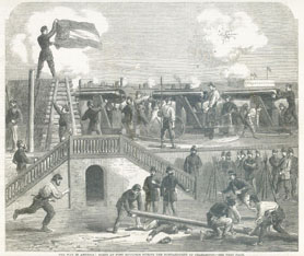 Frank Vizetelly illustration from Illustrated London News, June 6, 1863 depicts Fort Moultrie during a Union ironclad attack.