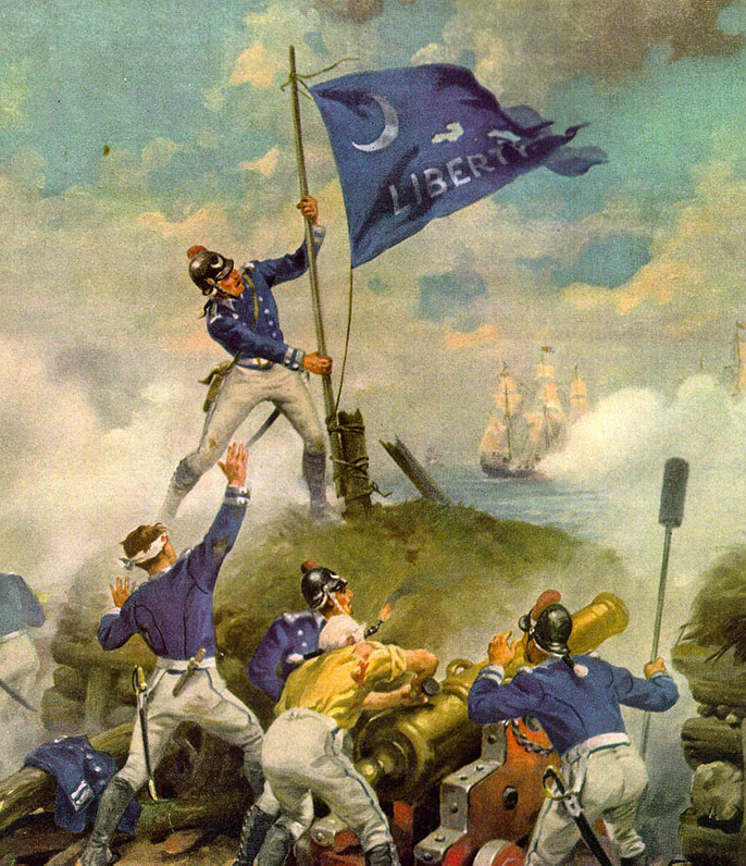 Sgt. Jasper raises the Moultrie flag during the battle of Sullivan's Island, June 28, 1776