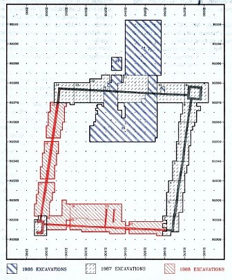 Diagram detailing the different years of excavations. The area at the North side of the fort and above the fort was done in 1966. The North and East walls were done in 1967. The South and West walls were done in 1968.