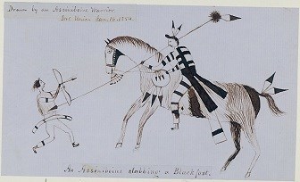 Drawing of an American Indian on horseback holding a very long spear pointed at another Indian holding a bow and arrow.
