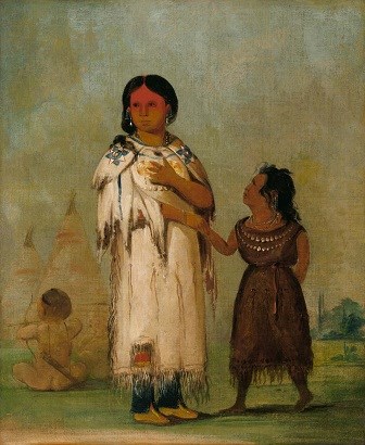 Painting of American Indian woman in white dress and child in brown dress with tipis in the background.