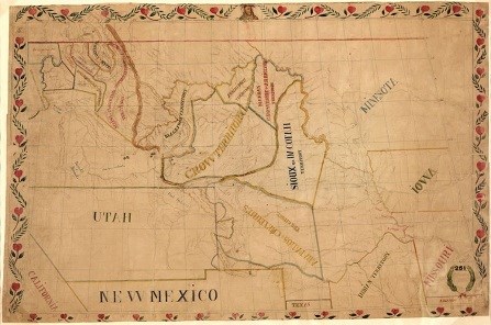 Map showing Indian territories located from the borders of Utah and New Mexico, stretching to the borders of Minnesota and Iowa.