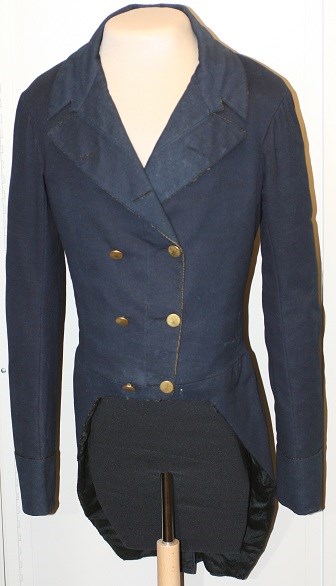 A dark blue collared tail coat with six brass buttons in two rows down the front.