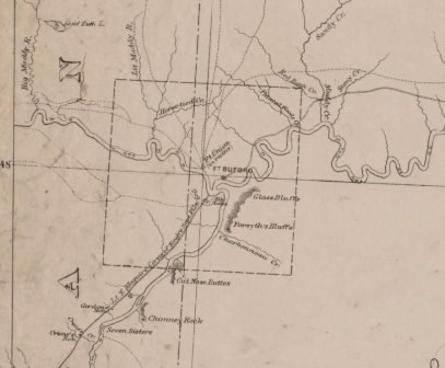 Line drawing map showing river system showing the Glass Bluffs to the South and East of Fort Union.