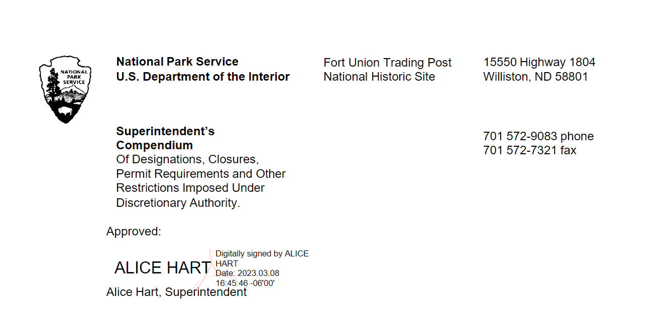 Signature block for Fort Union Trading Post superintendent compendium with signature of Alice Hart March 8th, 2023