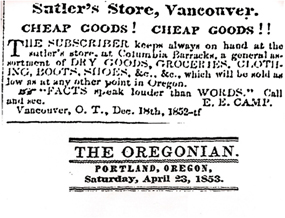 A newspaper advertisement placed by Elish camp, the sutler at Fort Vancouver