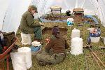 NCRI Archaeologists Cheryl Paddock and Jacqueline Cheung excavate under a tent during the rainy season at Fort Vancouver National Historic Site