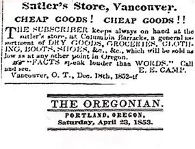 A newspaper advertisement placed by Elish camp, the sutler at Fort Vancouver