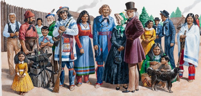 Artist's painting of several people from different cultures standing side-by-side at Fort Vancouver.